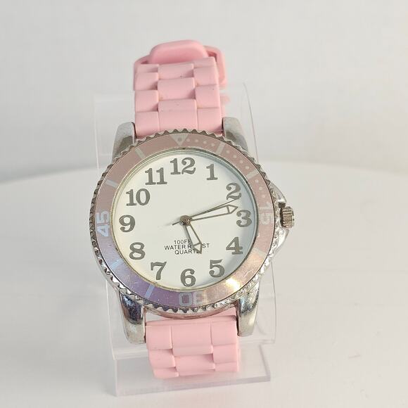 Pink Silicone Women's Quartz Watch 38mm Case White Dial Silver-Tone Bezel Tested - Picture 12 of 12